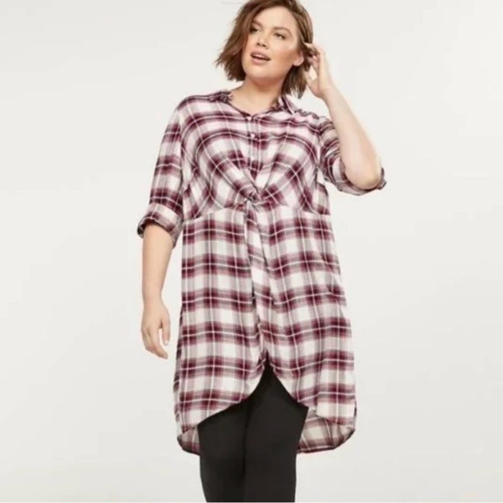 Lane Bryant Plaid Tunic Top 14 Red Lightweight Flannel Cowgirl Roll-Tab Casual